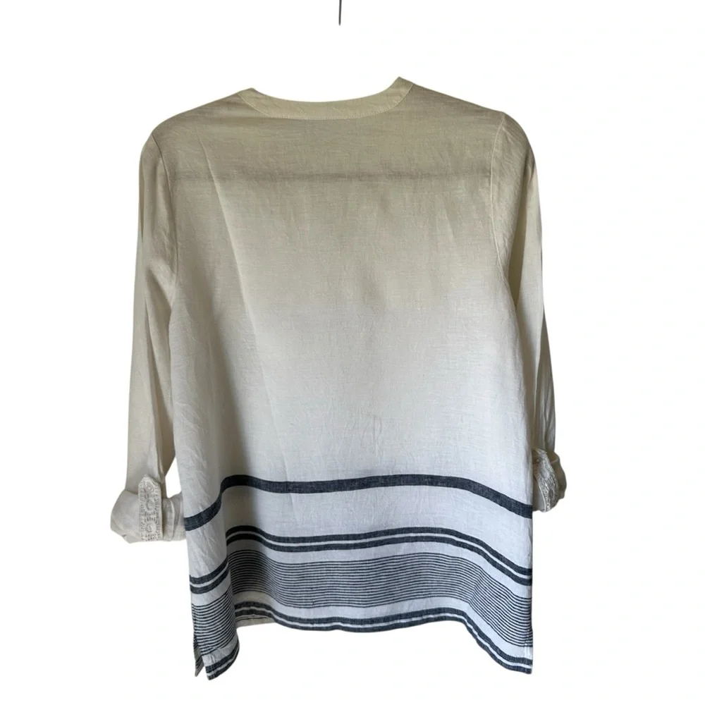 Kim Rogers Women’s Roll Tab Linen Blend Adjustable Sleeve V-Neck Beachy Top PM - Picture 6 of 8